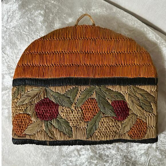 Raffia/Straw Tea Cozy raffia straw cottage Primitive Lined berry 10x8” - Picture 2 of 16